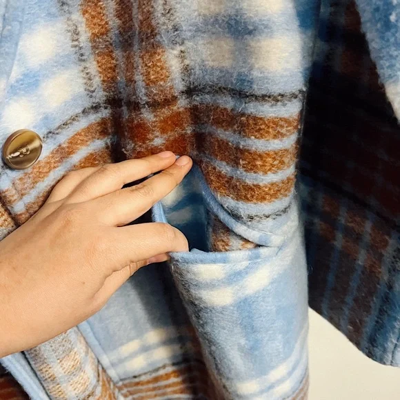 Rachel Zoe Light Blue Plaid Wool-Blend Trench Coat - Picture 5 of 9